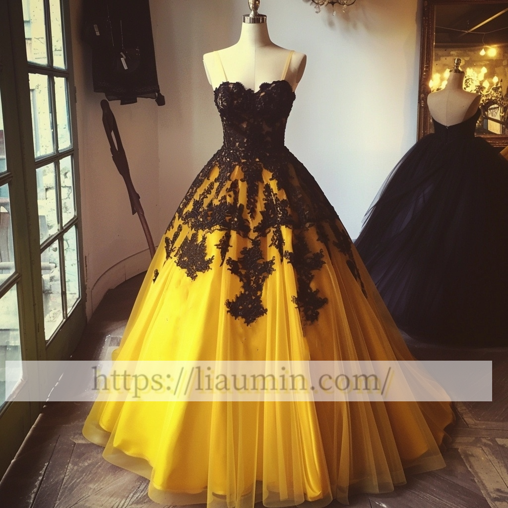 Yellow Tulle and Black Lace Applique Strapless Evening Prom Formal Dress Custom Size A-1.72