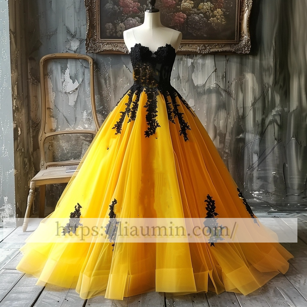 Hand Made Yellow Tulle and Black Strapless Evening Prom Formal Dress Custom A-1.73