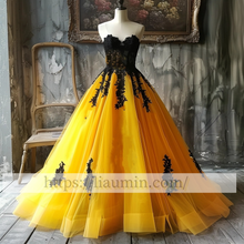 Load image into Gallery viewer, Hand Made Yellow Tulle and Black Strapless Evening Prom Formal Dress Custom A-1.73
