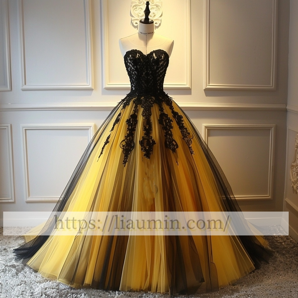 Yellow Tulle and Black Lace Applique Strapless Evening Prom Formal Dress Custom Size A-1.74