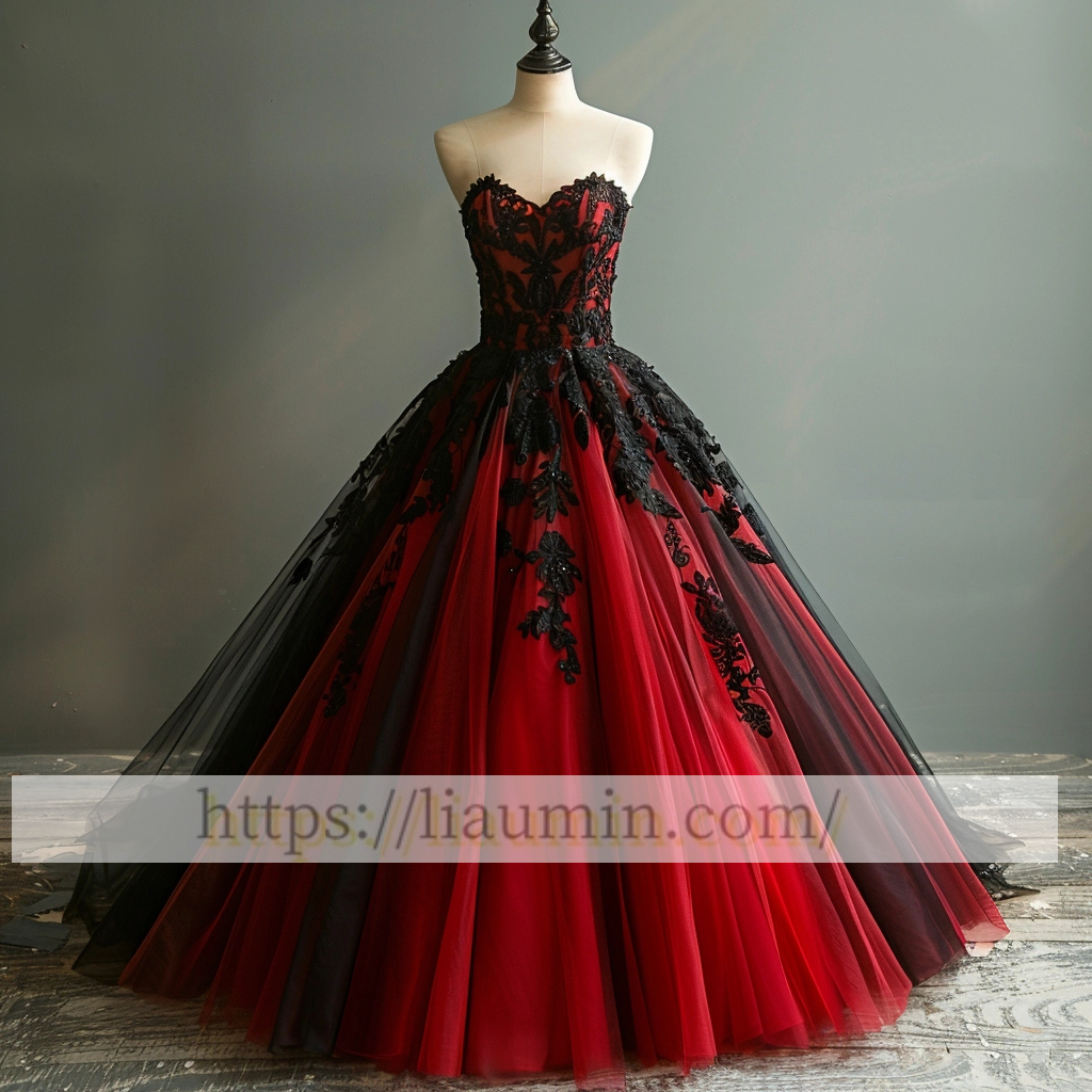 Hand Made Red Tulle and Black Strapless Evening Prom Formal Dress Custom Size A-1.75