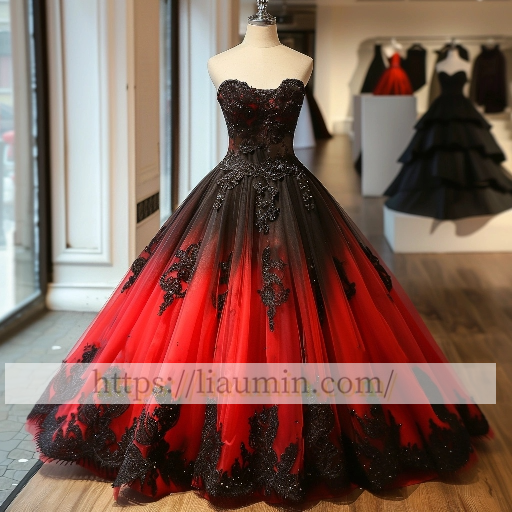 Red Tulle and Black Lace Applique Strapless Evening Prom Formal Dress Custom Size A-1.76