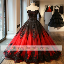 Load image into Gallery viewer, Red Tulle and Black Lace Applique Strapless Evening Prom Formal Dress Custom Size A-1.76
