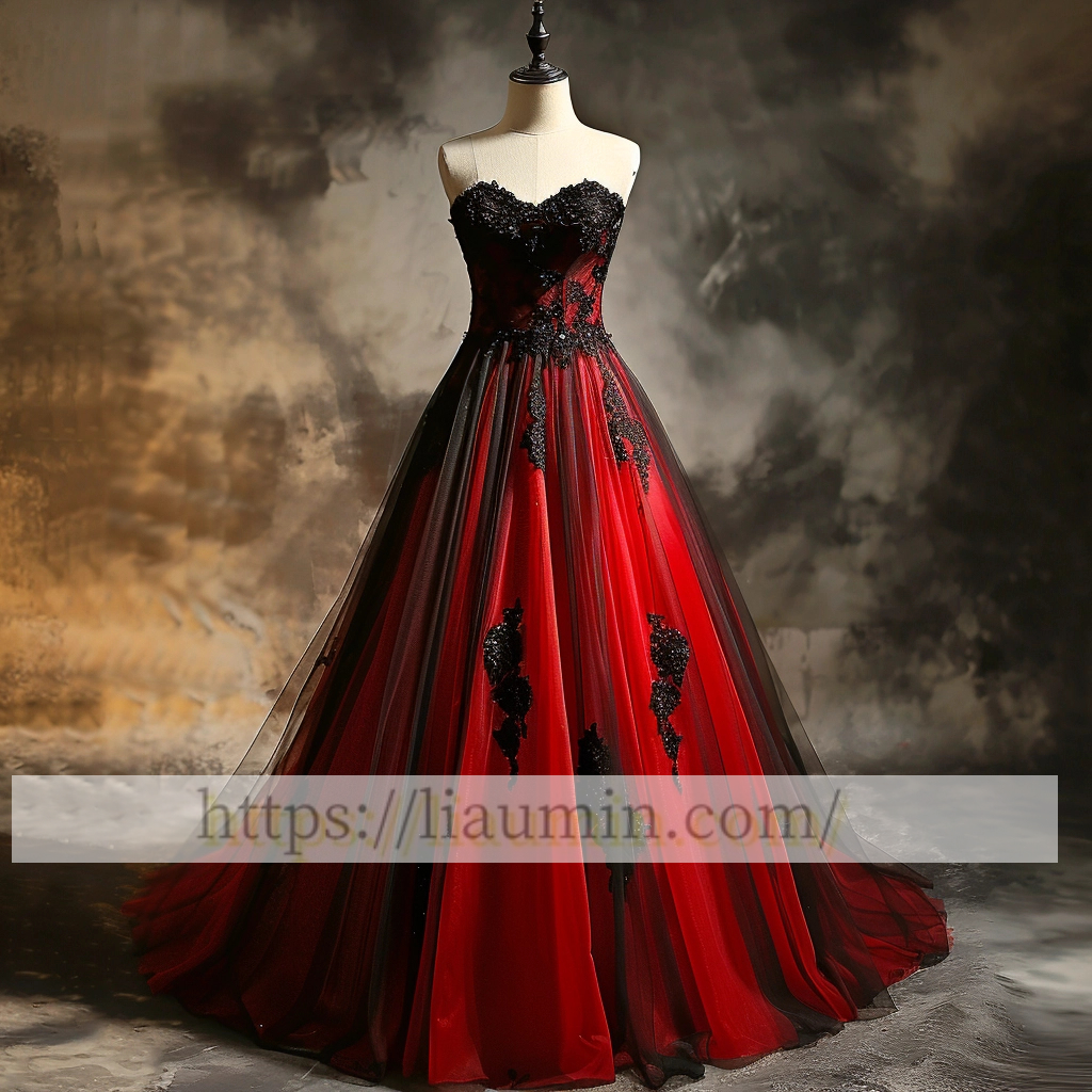 Custom Red Tulle and Black Strapless Evening Prom Formal Dress Custom Size A-1.77