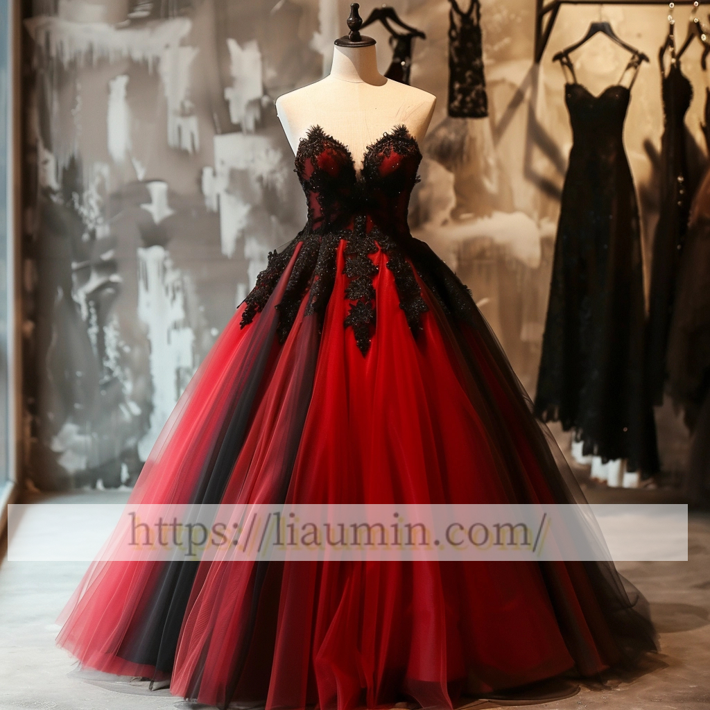 Red Tulle and Black Lace Strapless Evening Prom Formal Dress Custom Size A-1.79