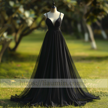 Load image into Gallery viewer, Black Full Length V Neck Stap Lace Up Back Evening Party Prom Formal Princess Dress Hand Made Custom W15-1.7
