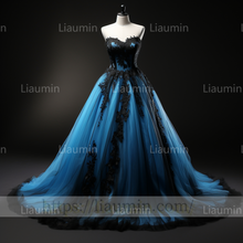 Load image into Gallery viewer, Blue Tulle Black Lace Applique A Line Strapless Evening Party Prom Formal Occasion Princess Dress B-1.7
