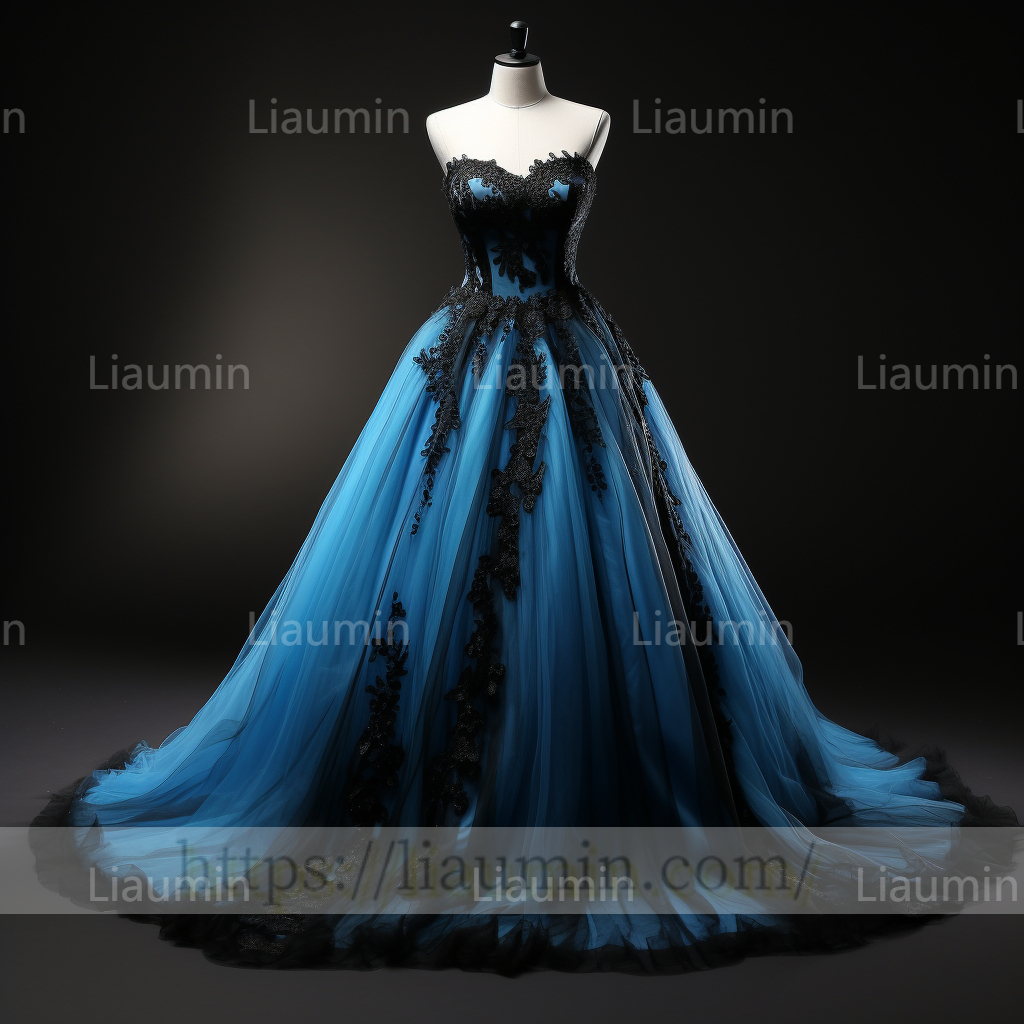 Blue Tulle Black Lace Applique A Line Strapless Evening Party Prom Formal Occasion Princess Dress B-1.7