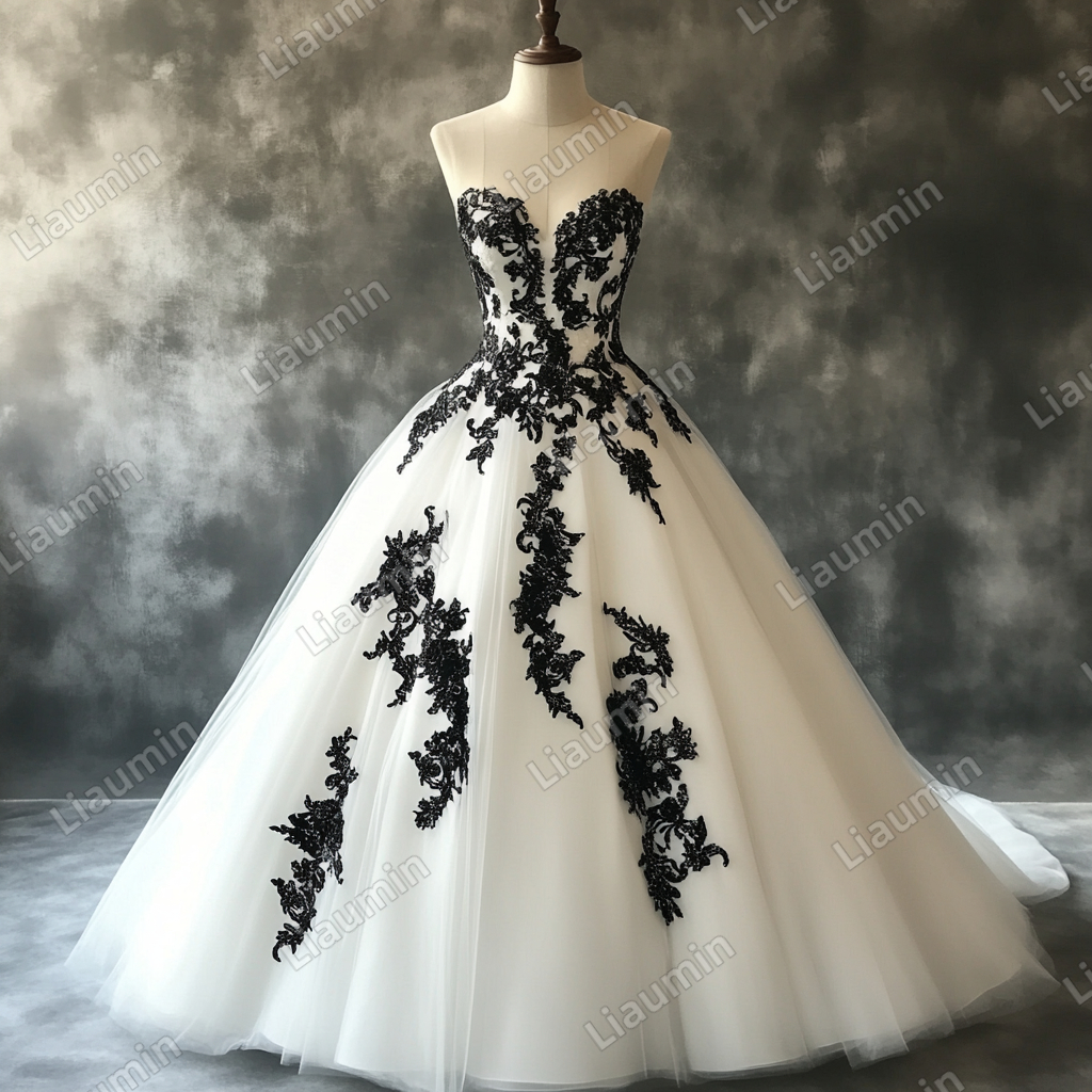 White Tulle and Black Lace Applique Strapless Wedding Evening Prom Formal Lace Up Back Princess Dress C-1.7