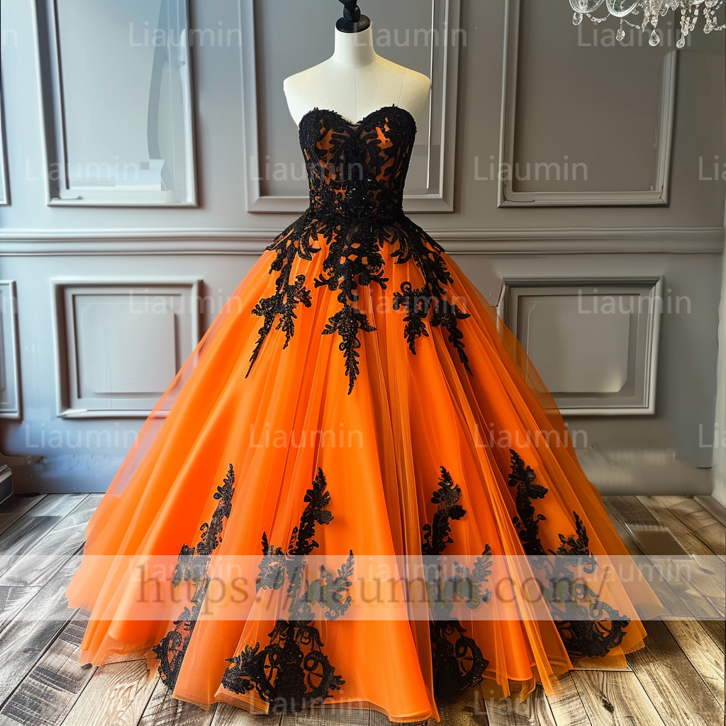 Custom Hand Made Orange Tulle Black Lace Applique Strapless Evening Party Prom Formal Occasion Princess Dress A-1.7