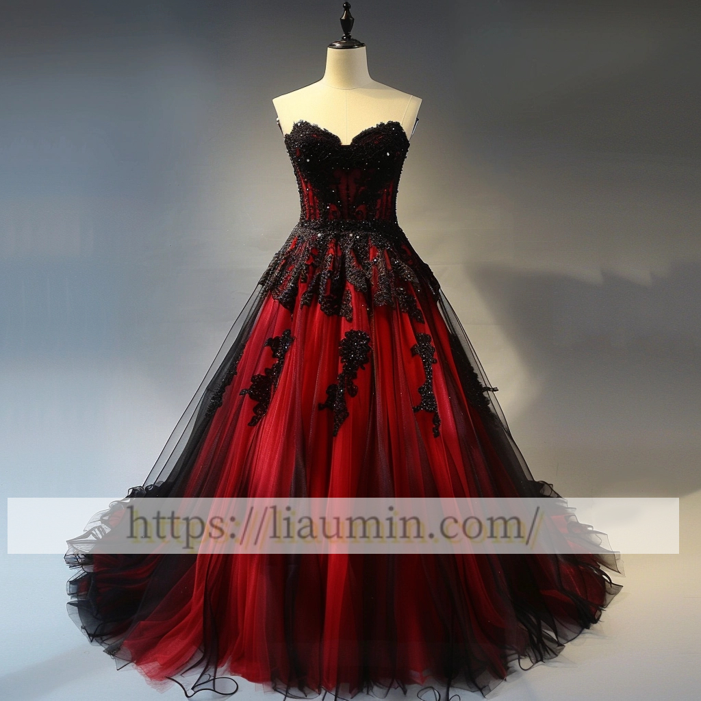Red Tulle and Black Lace Applique Strapless Evening Prom Formal Dress Custom Size A-1.80