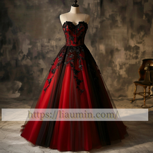 Load image into Gallery viewer, Red Tulle and Black Lace Strapless Evening Prom Formal Princess Dress Custom Size A-1.81
