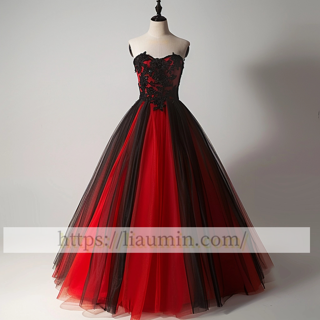 Red Tulle and Black Lace Strapless Evening Prom Formal Princess Dress Custom A-1.83