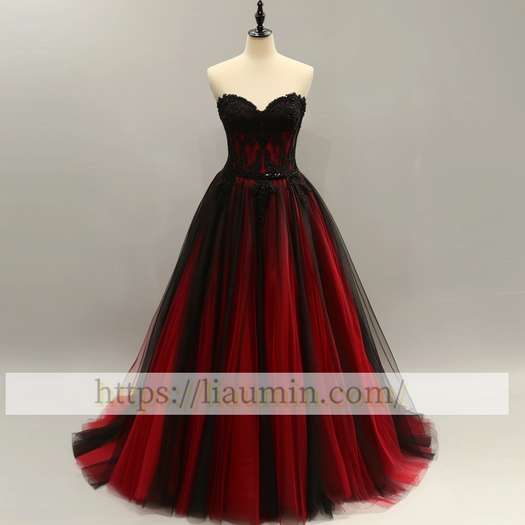 Red Tulle and Black Lace Applique Strapless Evening Prom Formal Dress Custom A-1.84