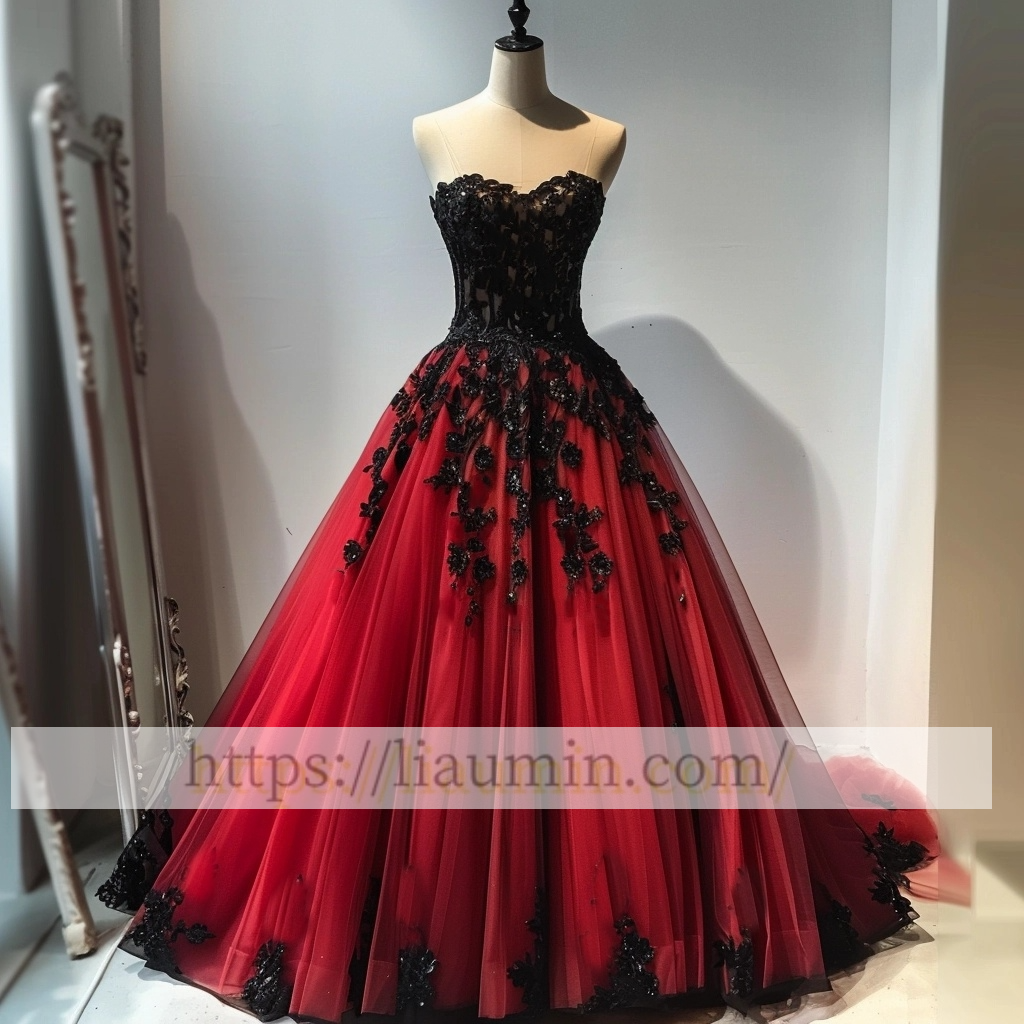 Red Tulle and Black Lace Applique Strapless Evening Prom Formal Princess Dress Custom A-1.85