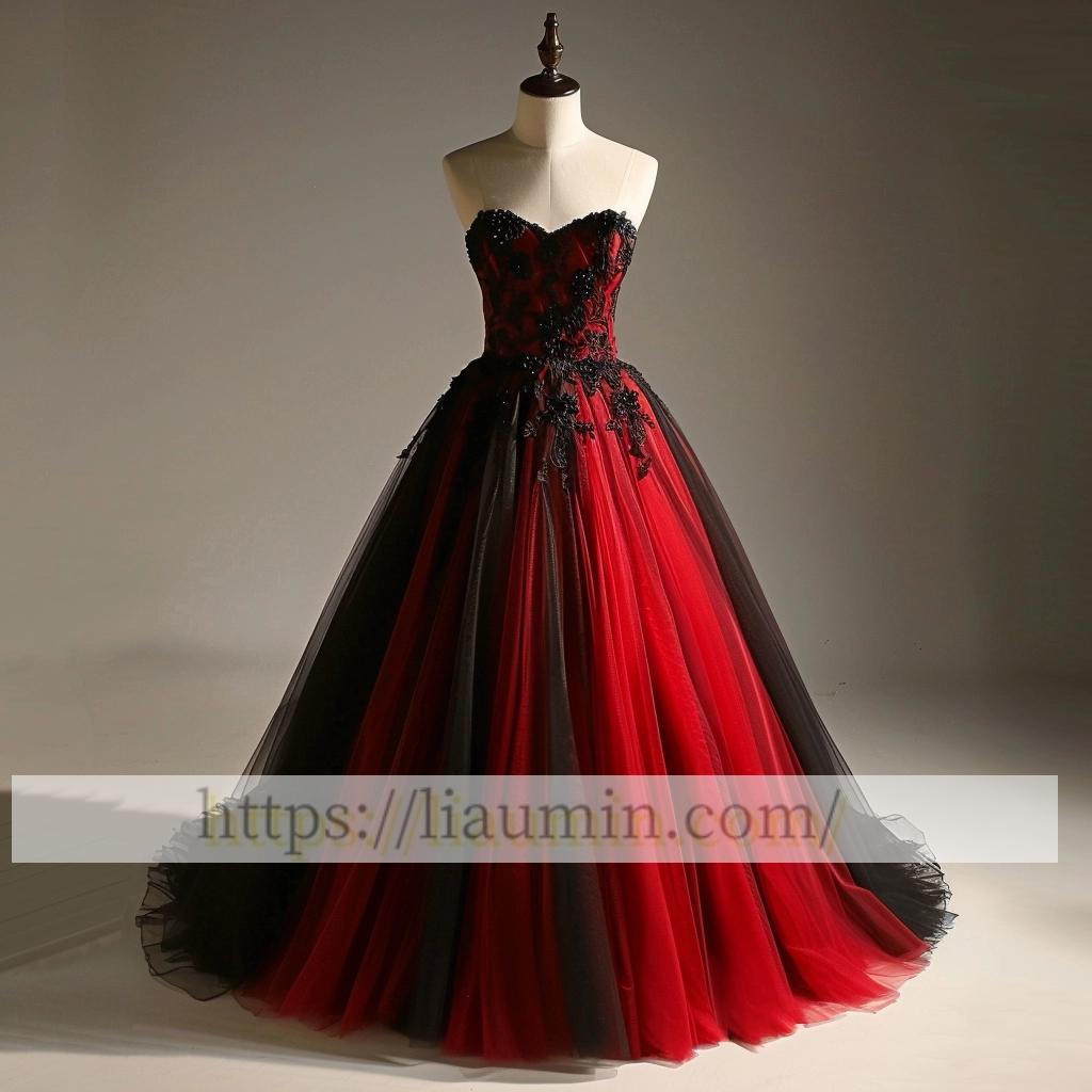 Hand Made Red Tulle and Black Lace Applique Strapless Evening Prom Formal Dress Custom A-1.86