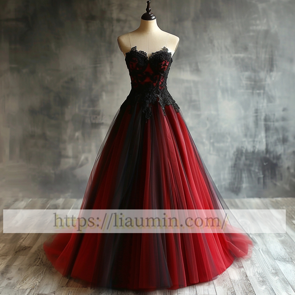 Fashion Red Tulle and Black Lace Applique Strapless Evening Prom Formal Princess Dress Custom A-1.87