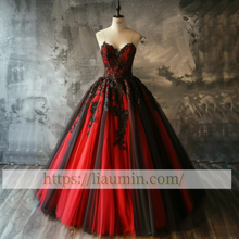 Load image into Gallery viewer, Fashion Red Tulle and Black Lace Applique Strapless Evening Prom Formal Princess Skirt Custom A-1.89
