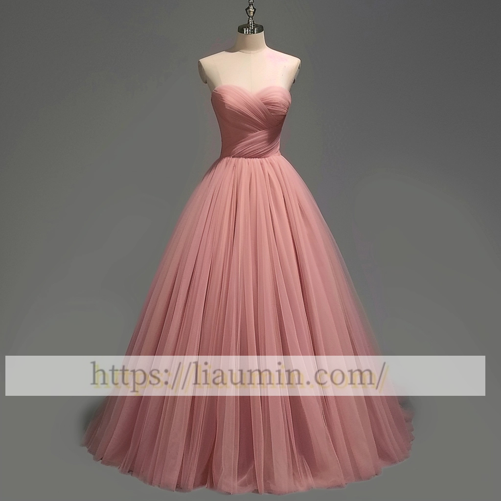Pink Strapless Tulle Full Length Lace Up Back Evening Party Prom Formal Occasion Princess Homecoming Dress A-1.8