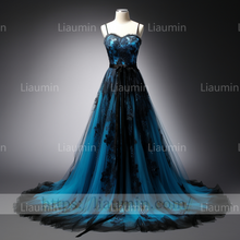 Load image into Gallery viewer, Blue Tulle Black Lace Applique Strap Evening Party Prom Formal Occasion Princess Dress B-1.8
