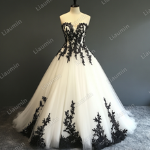 Load image into Gallery viewer, White Tulle Black Lace Applique Strapless Wedding Evening Prom Formal Lace Up Back Princess Dress C-1.8
