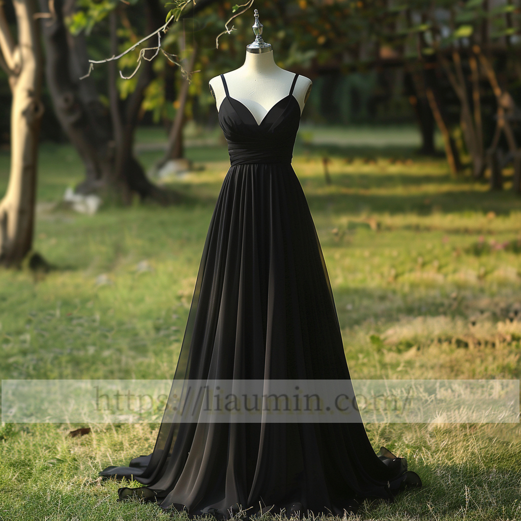 Black Full Length V Neck Chiffon Lace Up Back Evening Party Prom Formal Princess Dress Hand Made Custom W15-1.8
