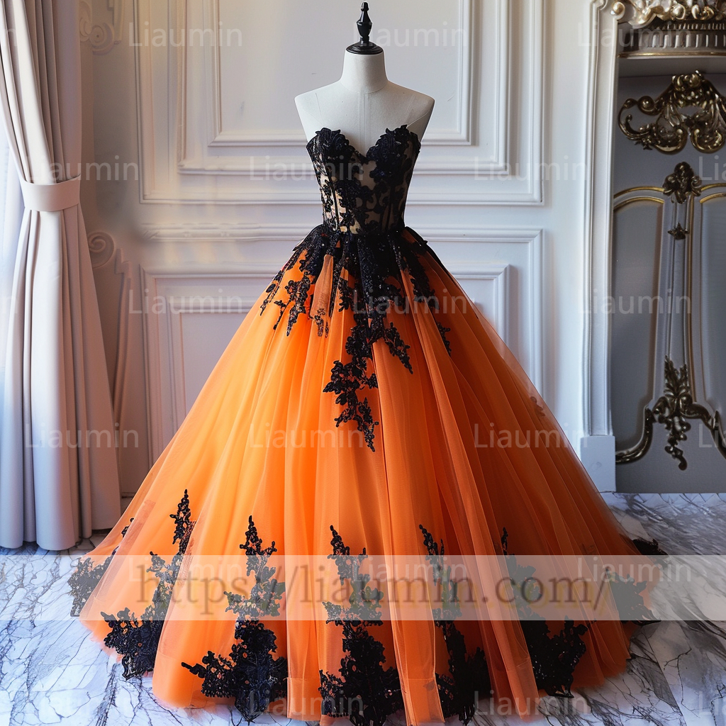 Custom Made Orange Tulle Black Lace Applique Strapless Evening Party Prom Formal Lace Up Back Princess Dress A-1.8