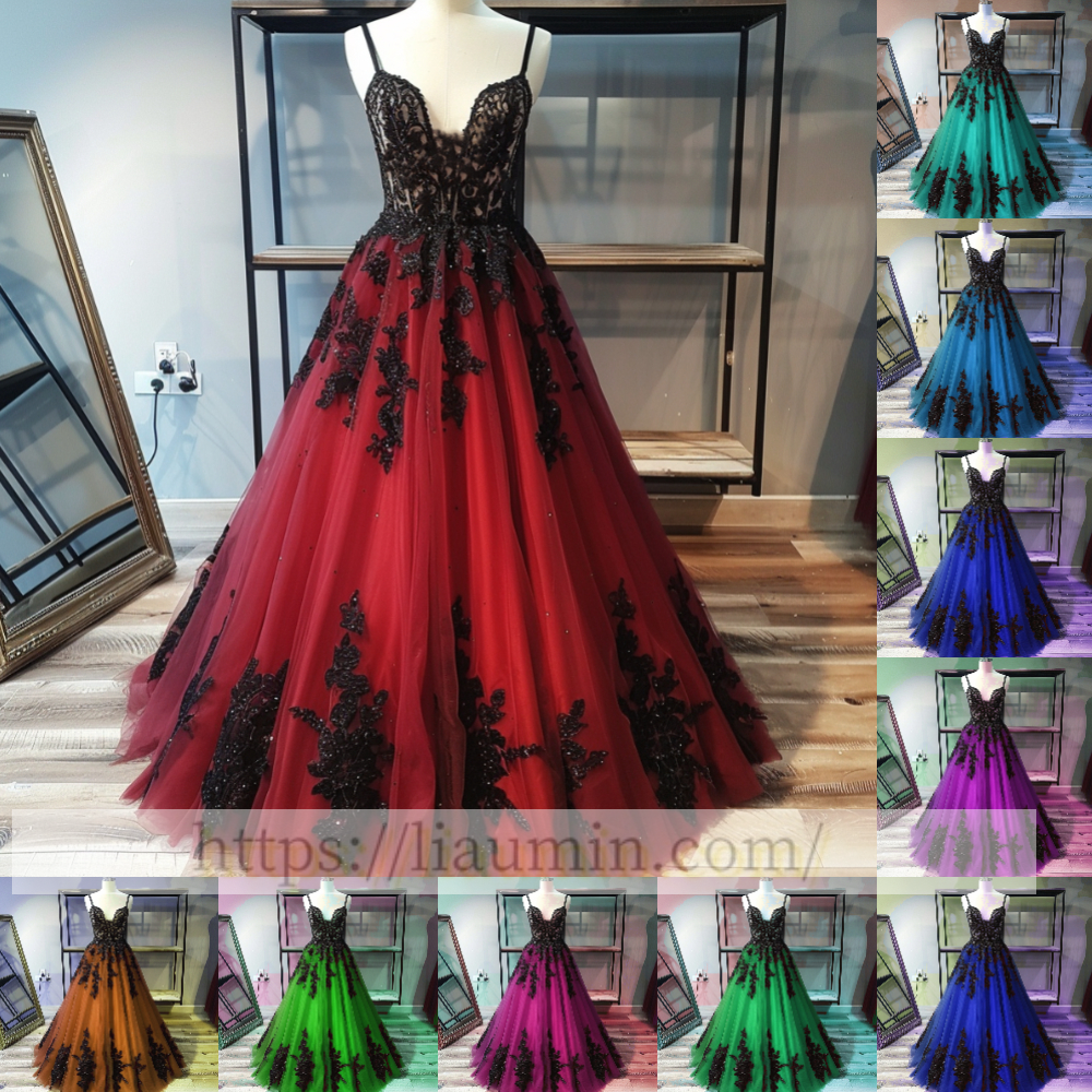 Black Lace Applique Spaghetti Straps A Line Evening Party Prom Princess Dress  W13-1