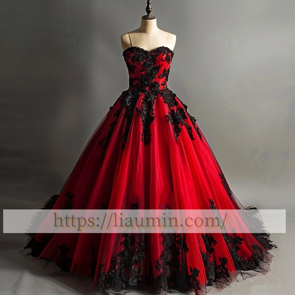 New Red Tulle and Black Lace Applique Strapless Evening Prom Formal Dress Custom Made A-1.90
