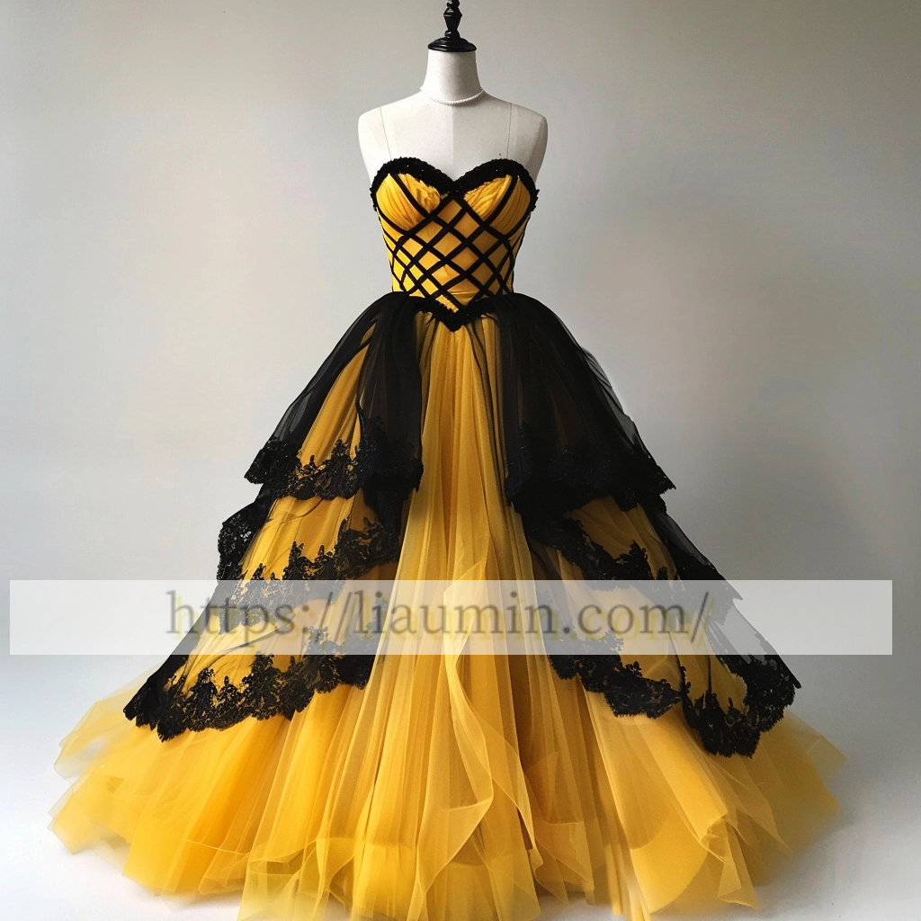 Yellow Tulle and Black Lace Applique Strapless Evening Prom Formal Dress Custom Made A-1.92