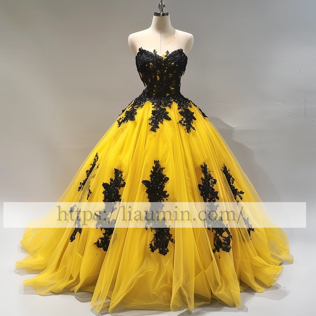 Fashion Yellow Tulle and Black Lace Applique Strapless Evening Prom Formal Princess Skirt Custom A-1.93