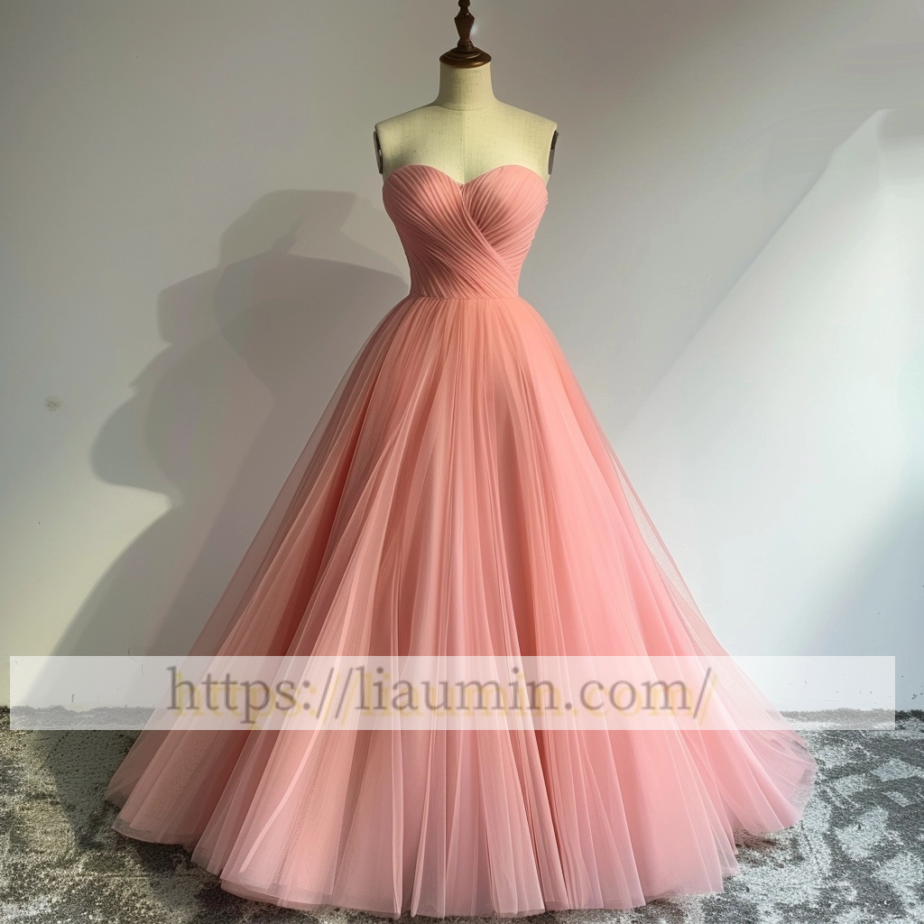 Pink Tulle Full Length Strapless Evening Party Prom Formal Occasion Princess Homecoming Dress A-1.9