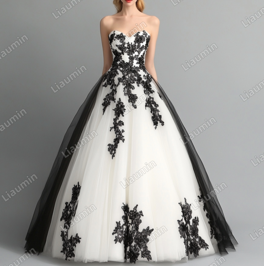 White Tulle and Black Lace Applique Strapless Wedding Evening Prom Formal Lace Up Back Princess Dress C-1.9