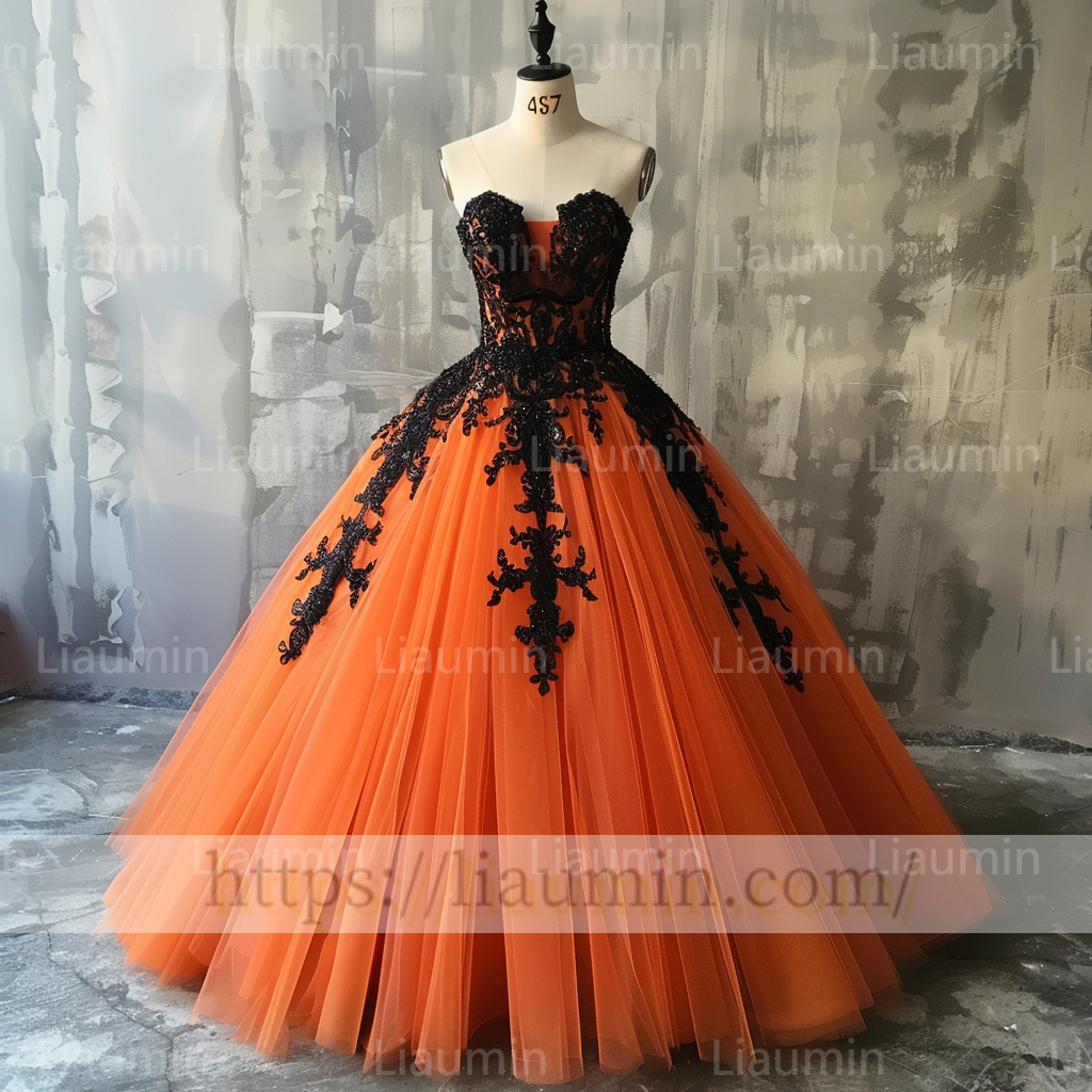 Custom Made Orange Tulle Black Lace Applique Strapless Evening Prom Formal Lace Up Back Princess Dress A-1.9