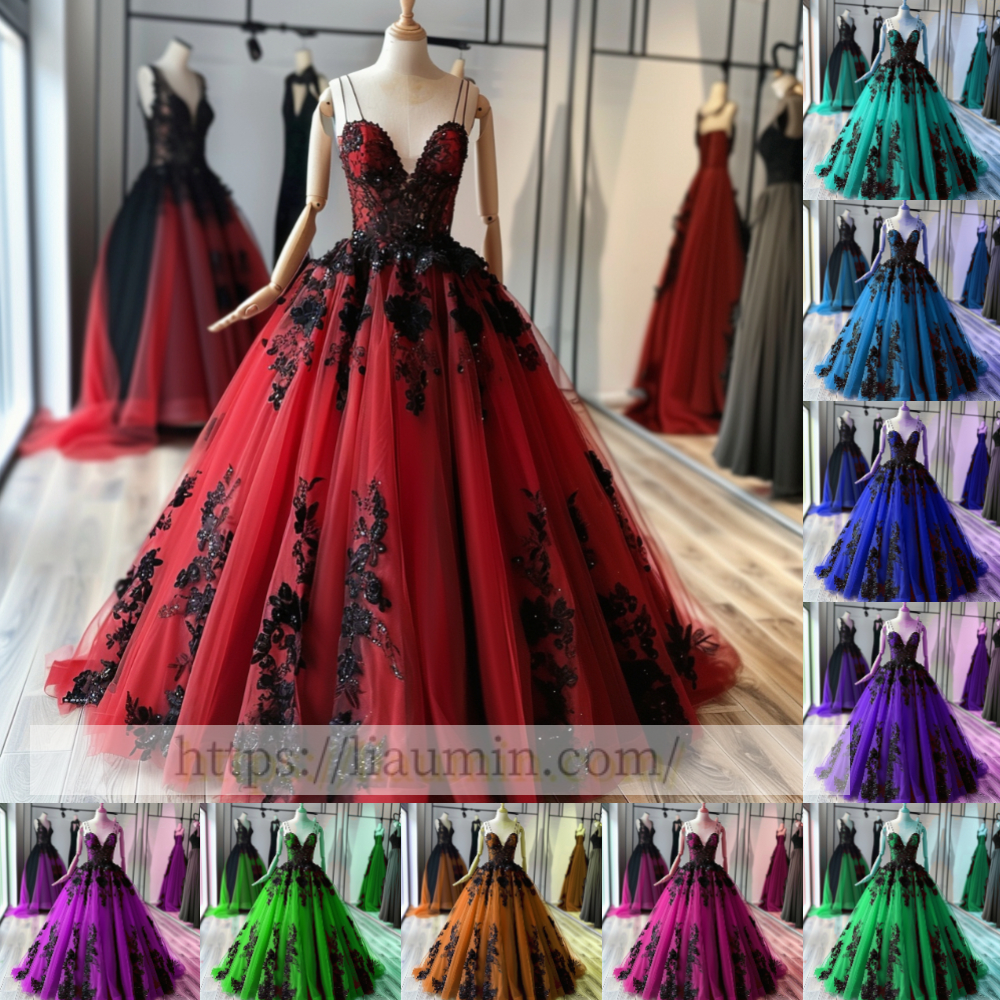 Black Lace Applique Spaghetti Straps V Neck Evening Party Prom Princess Dress  W13-2