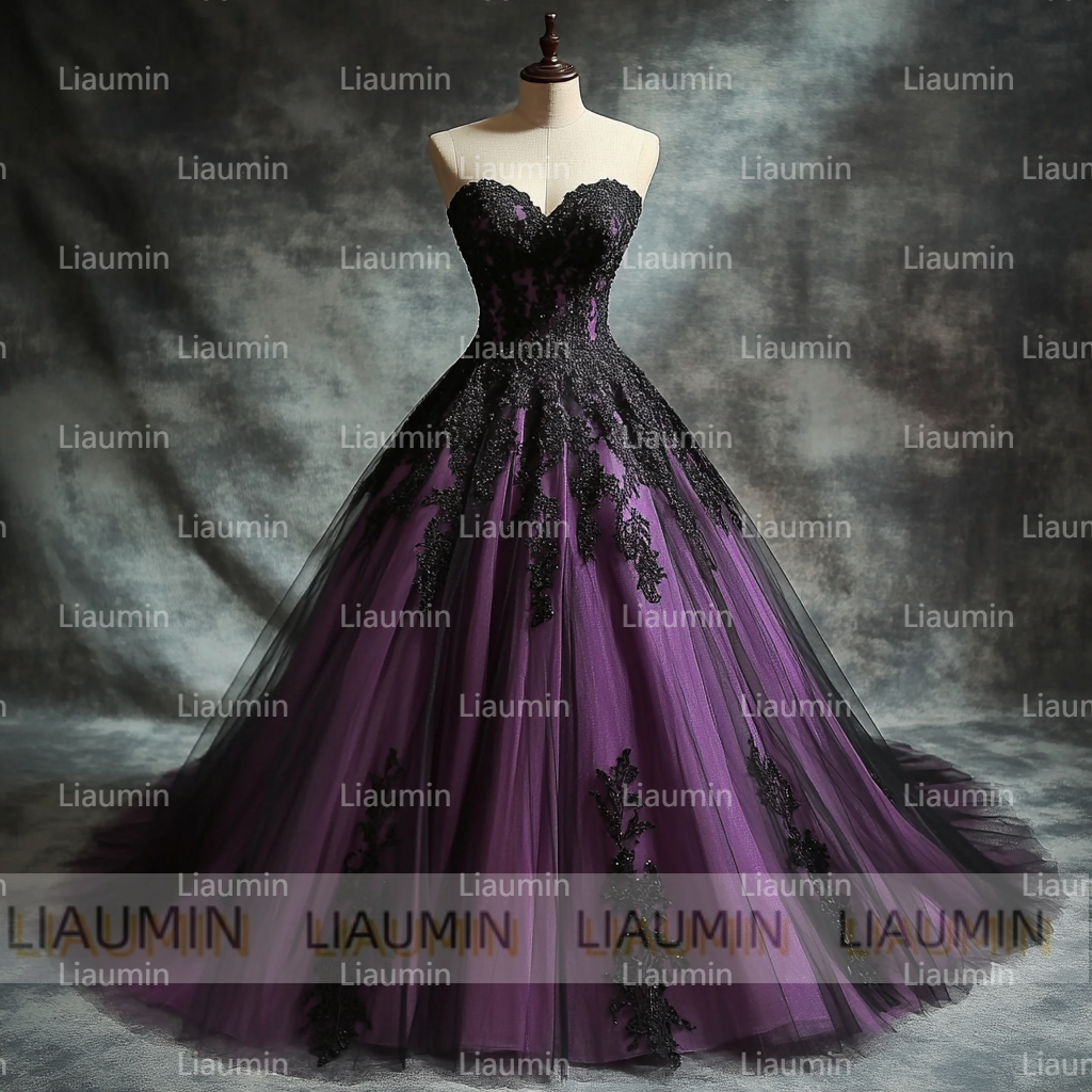 Purple Tulle and Black Strapless Wedding Evening Prom Formal Princess Dress W19.20.1