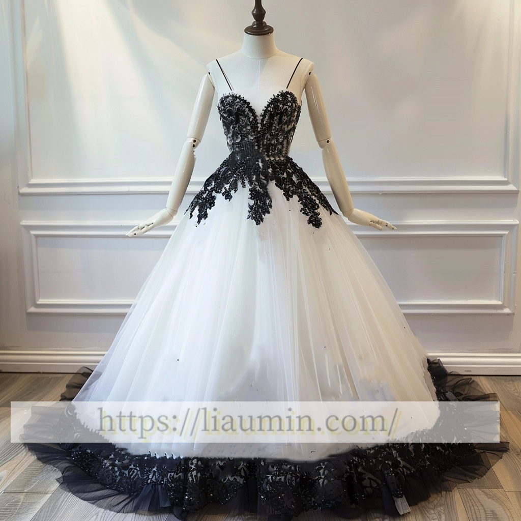 White Tulle and Black Lace Applique spaghetti straps Wedding Dress Prom Princess Dress W13-20.1