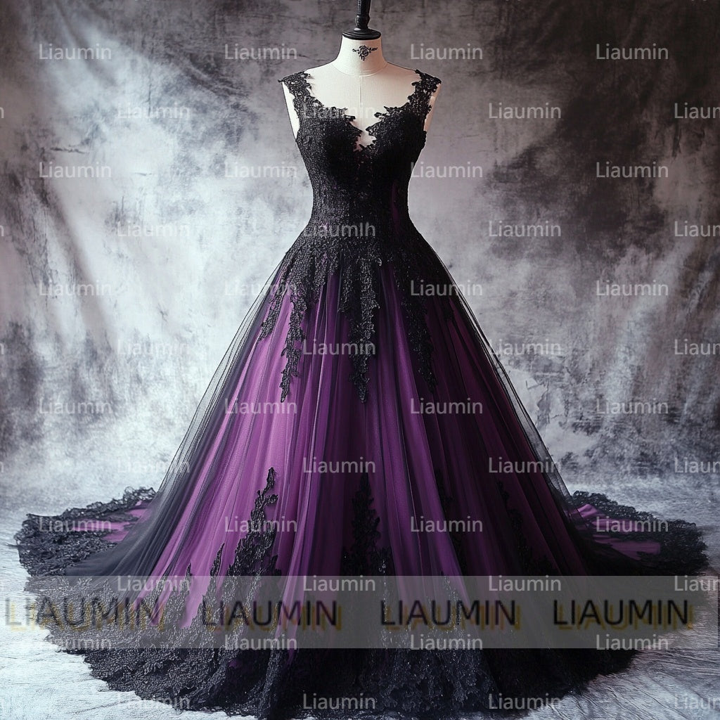 Purple Tulle and Black With Strap Wedding Evening Prom Formal Princess Dress W19.20.2