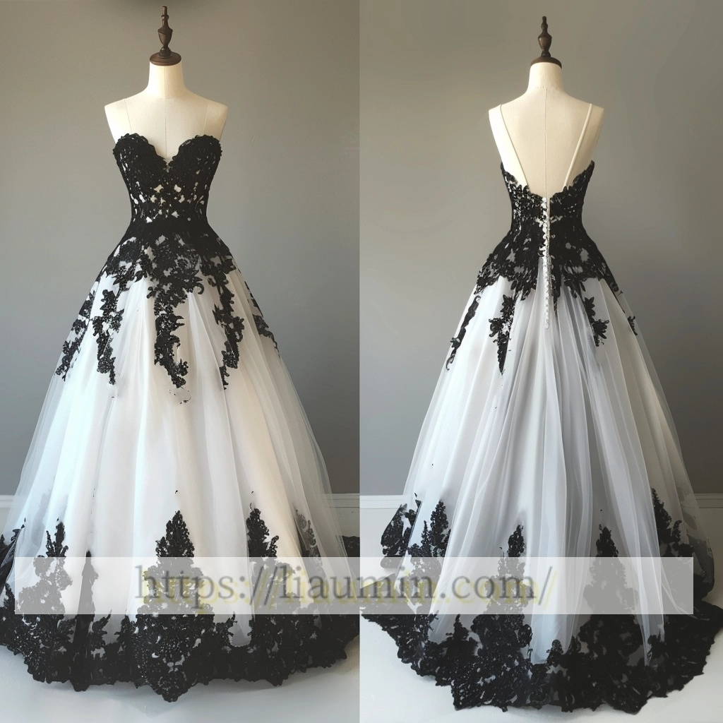 White Tulle and Black Lace Applique Strapless Wedding Dress Prom Princess Dress W13-20.2