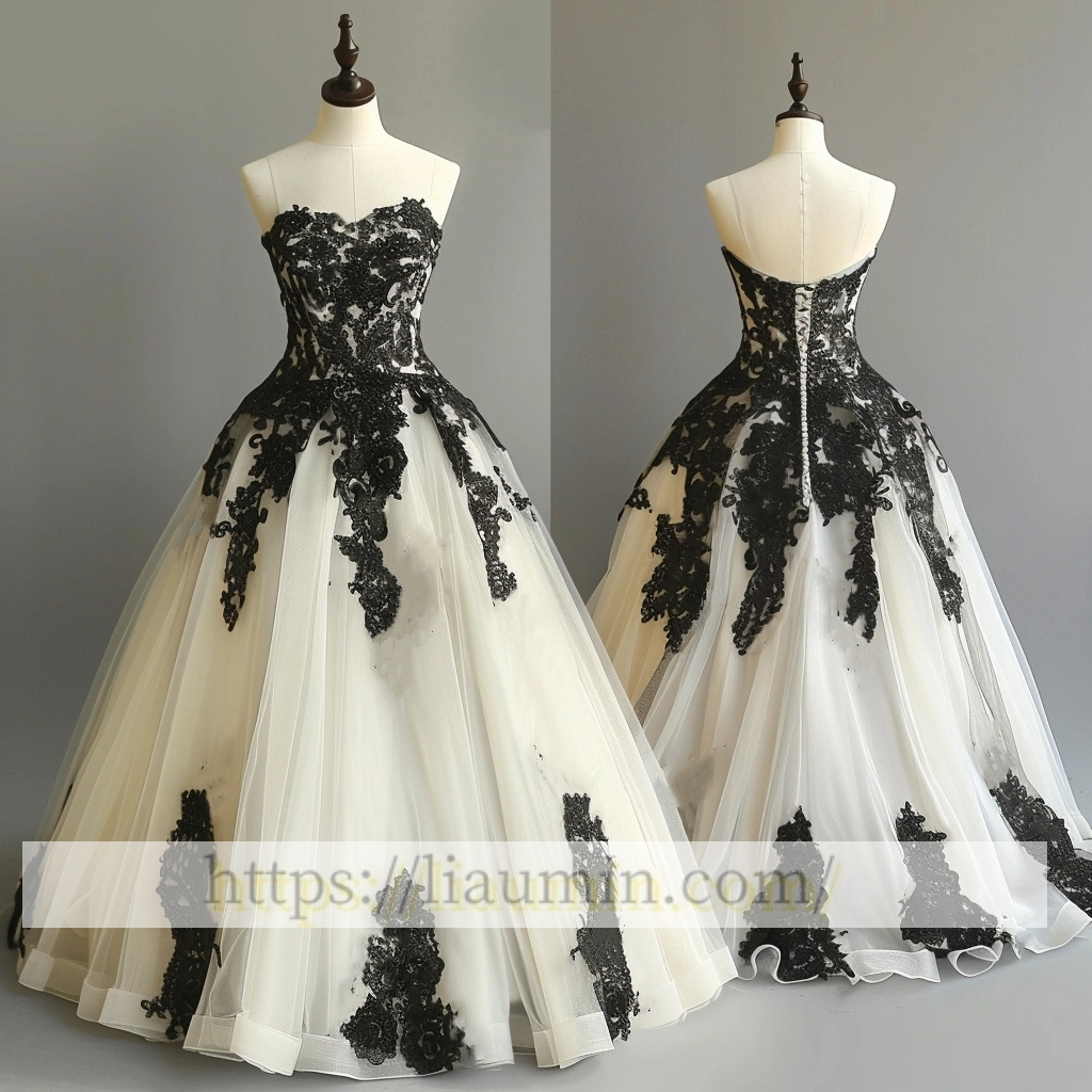 Ivory Tulle and Black Lace Applique Strapless Wedding Dress Prom Princess Dress W13-20.3