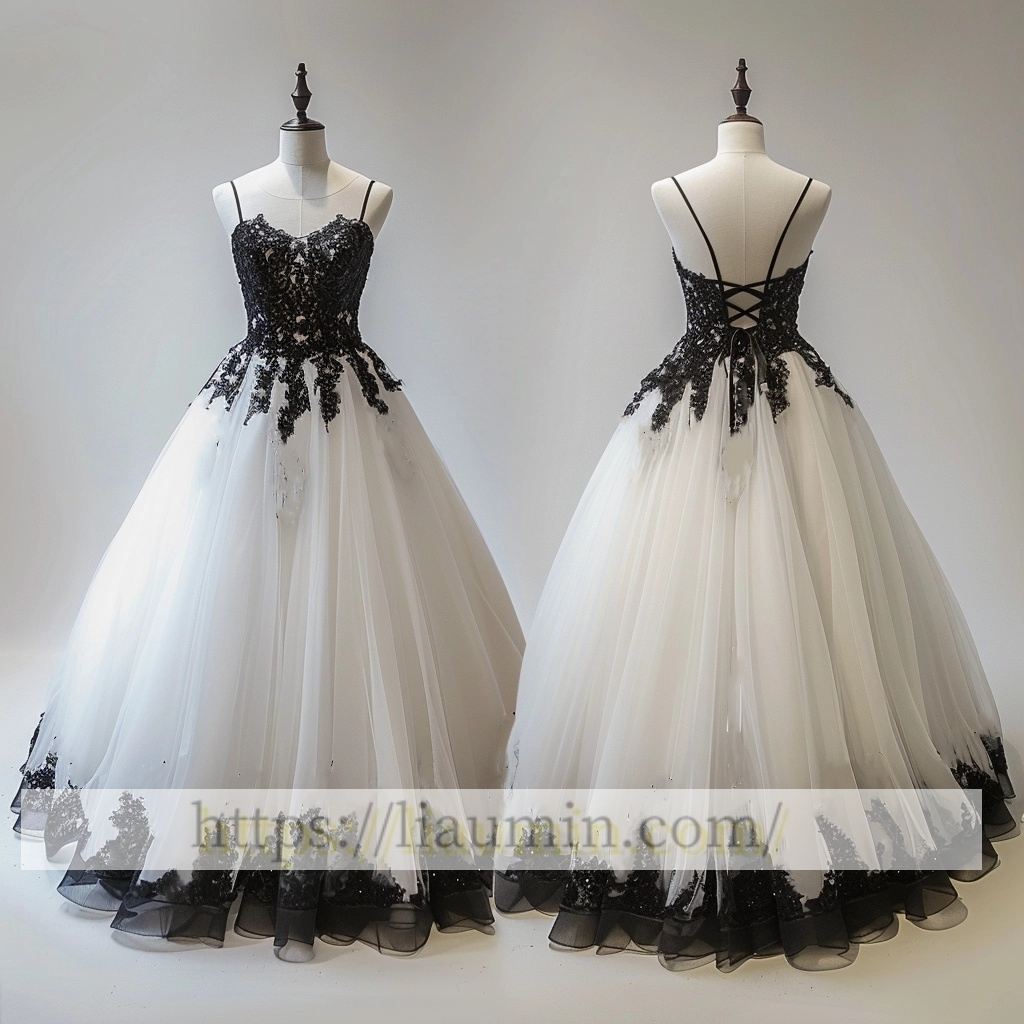 White Tulle and Black Lace Applique spaghetti straps Wedding Dress Prom Princess Dress W13-20.4