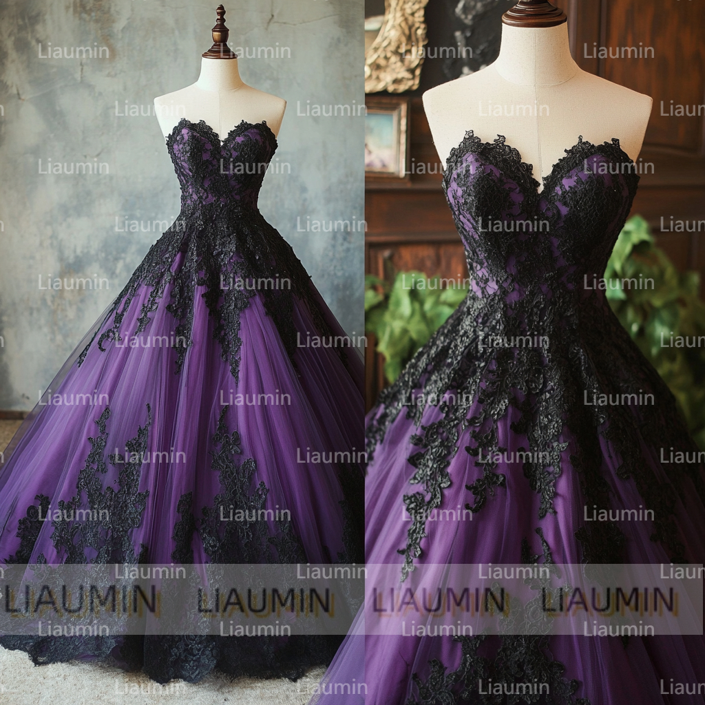 Purple Tulle and Black Strapless Wedding Evening Prom Formal Princess Dress W19.20.5