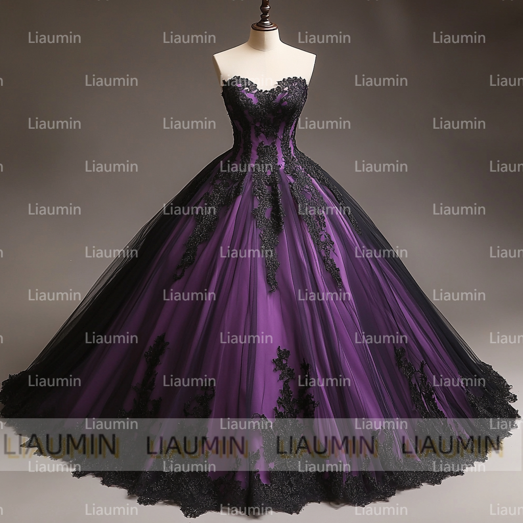 Purple Tulle and Black Strapless Wedding Evening Prom Formal Princess Dress W19.20.6