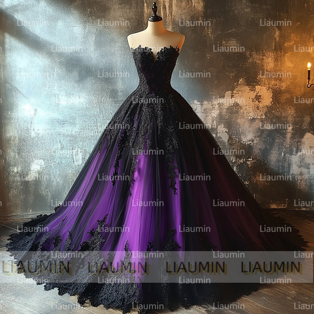 Purple Tulle and Black Cap Sleeve Wedding Evening Prom Formal Princess Dress W19.20.8