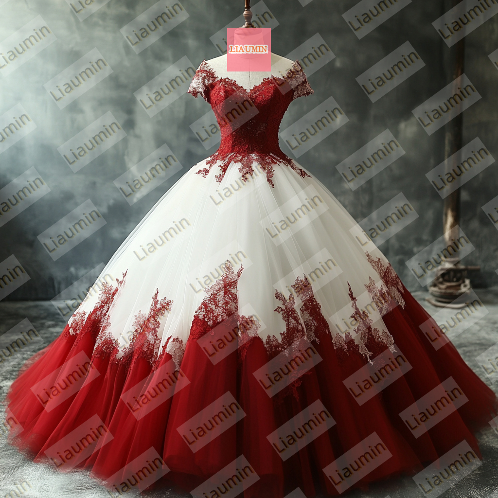White Tulle and Red Cap Sleeve Wedding Evening Prom Formal Princess Dress W19.21.11