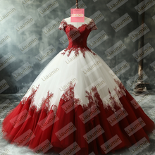Load image into Gallery viewer, White Tulle and Red Cap Sleeve Wedding Evening Prom Formal Princess Dress W19.21.11
