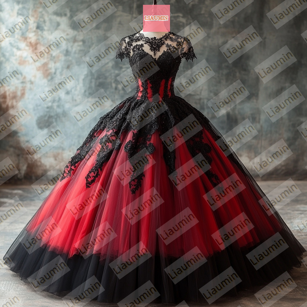 Red Tulle and Black Cap Sleeve Wedding Evening Prom Formal Princess Dress W19.21.12