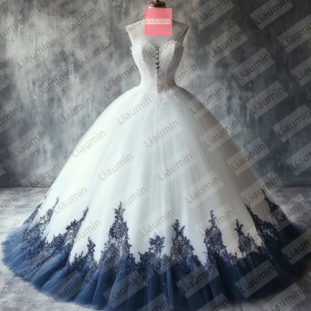 White Tulle and Blue Strapless Wedding Evening Prom Formal Princess Dress W19.21.1