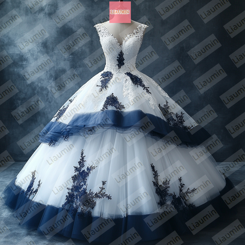 White Tulle and Blue With Strap Lace-up Wedding Evening Prom Formal Princess Dress W19.21.2