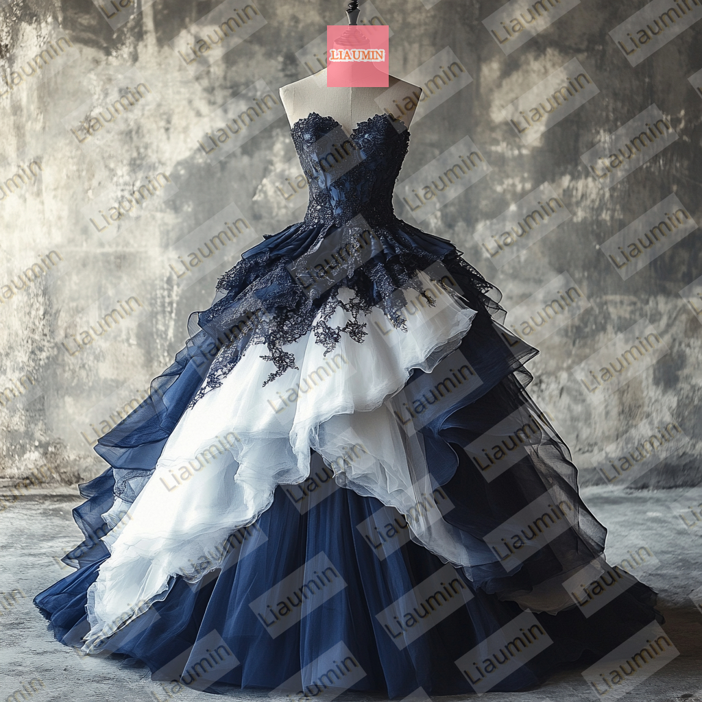 White Tulle and Blue Strapless Wedding Evening Prom Formal Princess Dress W19.21.4